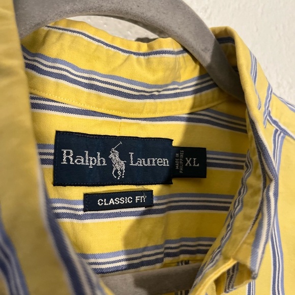 Vintage Ralph Lauren Mens XL Shirt Blue Yellow Stripe Short Sleeve Classic Fit - Picture 5 of 5